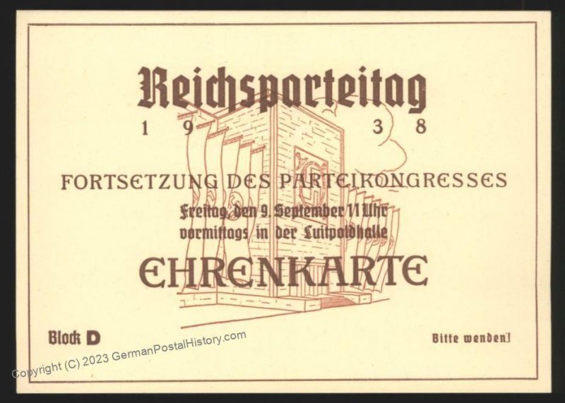 3rd Reich Germany 1938 Reichsparteitag Ehrenkarte Luitpoldhalle Fuehrer P 112338