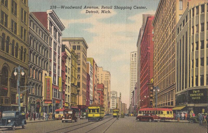 Woodward Avenue Retail Shopping Center Detroit tramway trucks cars bus stores