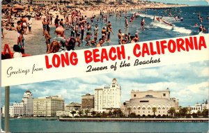 Greetings From Long Beach California CA Dual View Queen Beaches Postcard UNP VTG 