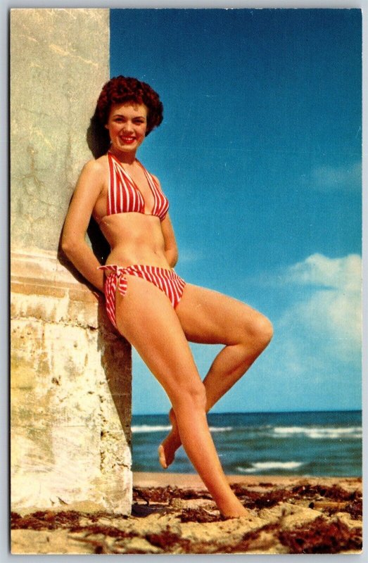 Vtg Pinup Girl In Bikini Beach Scene 'Wow!' Bathing Suit 1960s View Postcard