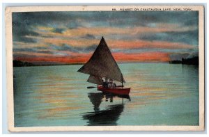 1921 Sunset On Chautauqua Lake New York NY, Boat Canoeing Scene Antique Postcard