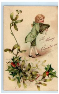 1907 Christmas Girl Dress Up Holly Berries Louisville New York NY Postcard