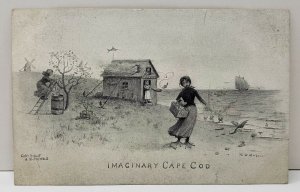 Artist Signed Imaginary Cape Cod, Fantasy Duck Lady Anchored Home Postcard B13