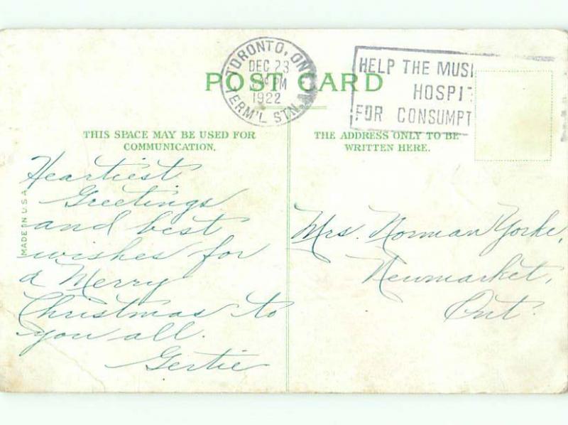 Bent Corner 1922 CHRISTMAS - SANTA LOOKS DOWN THE CHIMNEY o2991