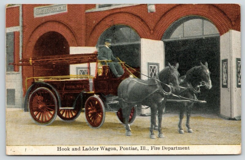 Pontiac IL~Fire Department~Fireman on Hook & Ladder Horse Wagon~c1911 SHARP! 