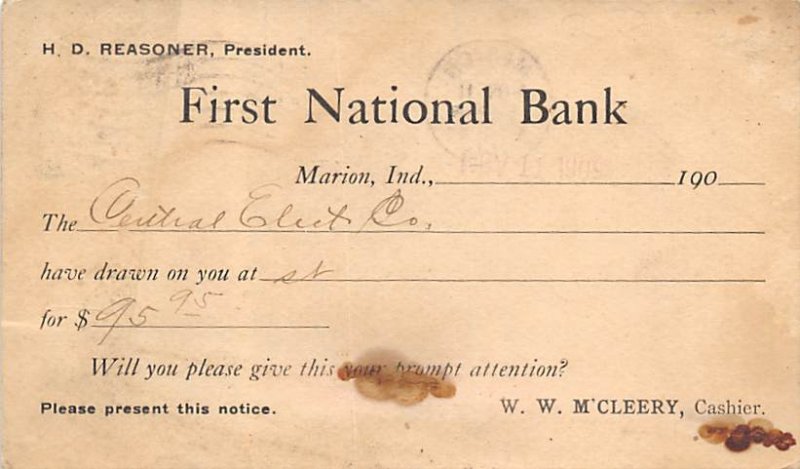 First National Bank Marion, Indiana, USA Postal Cards, Late 1800's 1909 