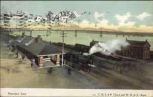 Muscatine IA RR Train Depots Station c1910 Postcard