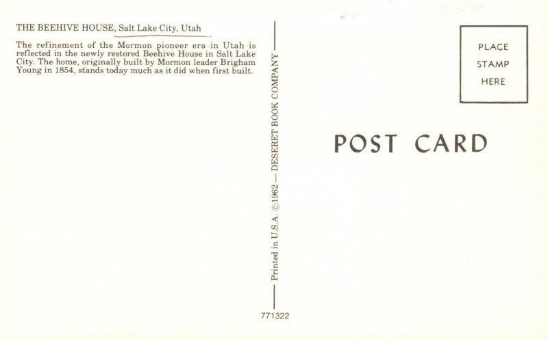Salt Lake City Utah UT, The Beehive House, Originally Built by Mormon, Postcard