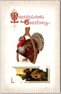 1910's Thanksgiving Greetings Turkey Landscape Home Posted Postcard