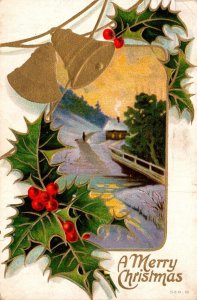 Merry Christmas With Gold Bells Holly and Winter Scene 1910