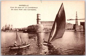 Marseille Fort St. Jean Et La Cathedral France Church Boats & Ships Postcard