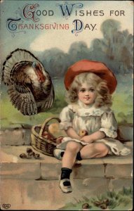 EAS Thanksgiving Little Girl with Turkey Fruit Basket c1910 Gel \Postcard