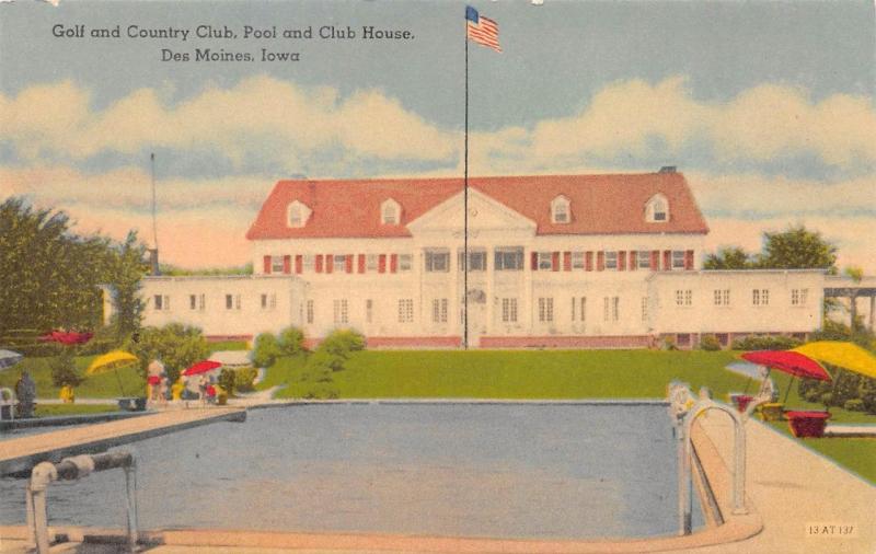 DES MOINES, IA  Iowa     GOLF & COUNTRY CLUB    Pool & Club House      Postcard