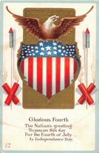 F64/ Patriotic Postcard c1910 Fourth of July 4th Eagle Rockets Shield 21