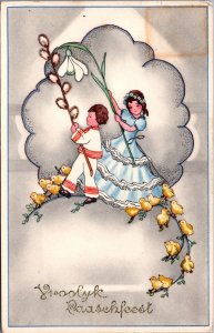 Happy Easter Chicks And Kids Vintage Postcard C155