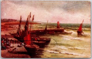 A Good Catch, Art Postcard, Fishermen Fishing Boats Sailboat Postcard 1909