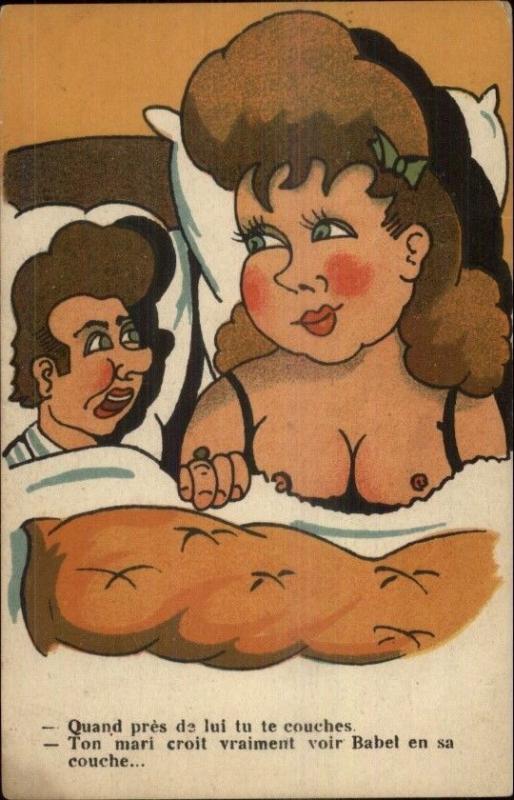 French Nude Comic - Large Breasted Woman in Bed w/ Small Man Postcard 