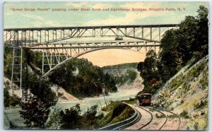 Postcard - Great Gorge Route passing under Steel Arch & Cantilever Bridges, NY