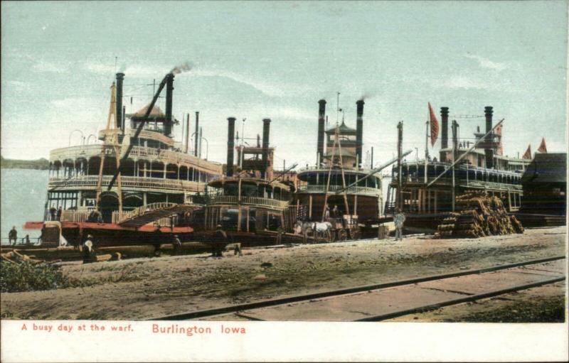 Burlington IA Steamboats Steamer Boats at Wharf c1910 Postcard