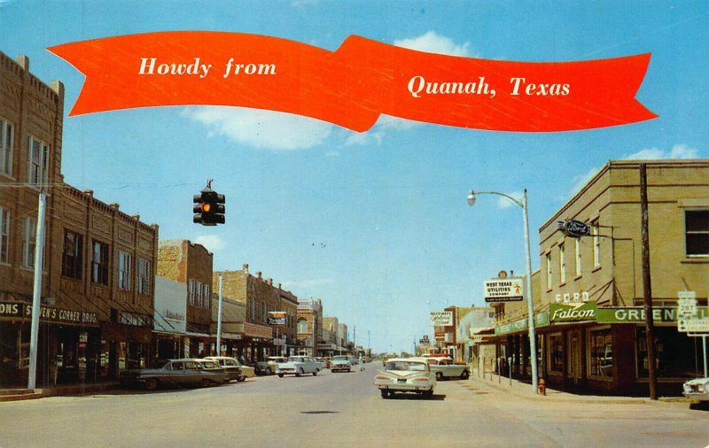 Quanah TX Main Street Storefronts Old Cars Red Light Postcard