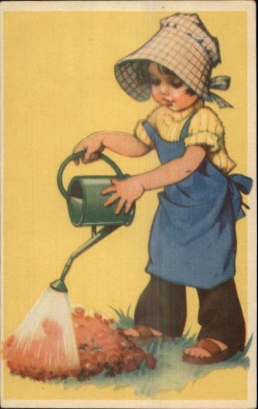 Children in the Garden Girl Watering Can - Nice Color c1930s-40s Postcard