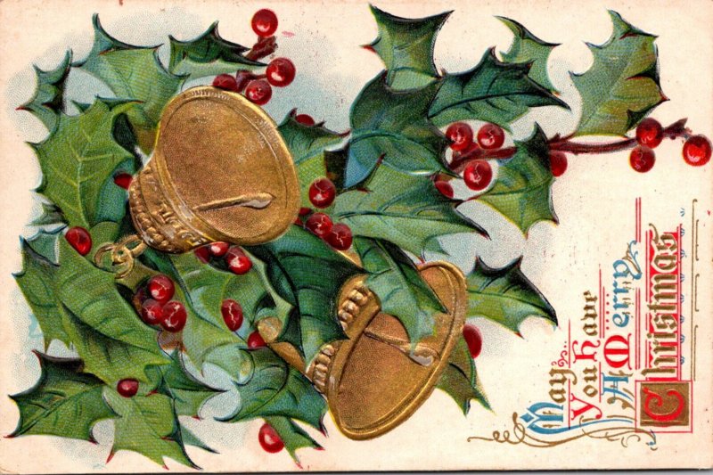 Merry Christmas With Gold Bells Holly 1909