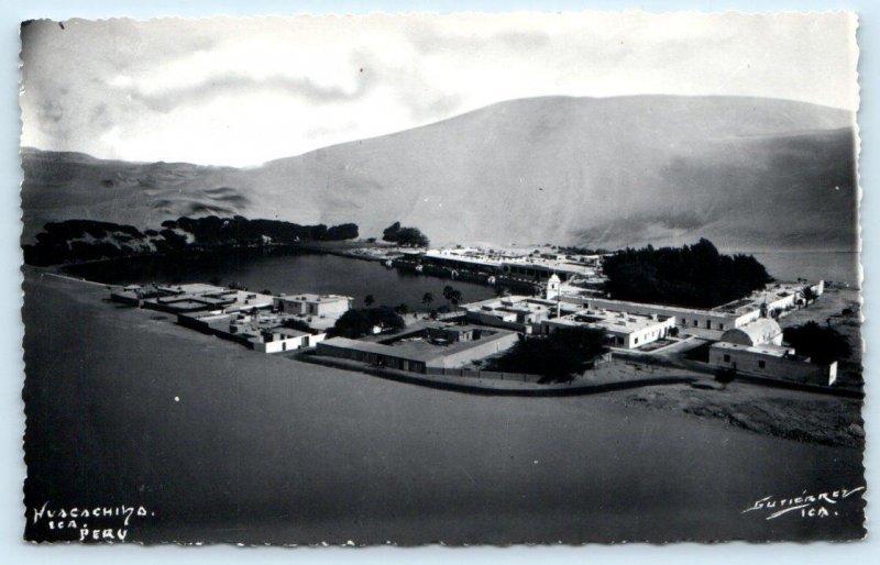 2 RPPC Postcards HUACACHINA, PERU ~ Aerial Views VILLAGE & LAKE Gutierrez c1940s