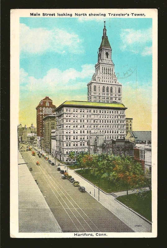 USA Postmark 1935 Hartford Conn Main Street Travelers Tower Postcard