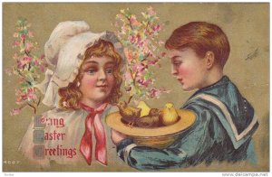 Loving Easter Greetings, Boy hands hat full of chicks to girl in bonnet, 10-20s