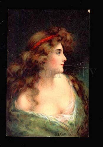 028598 Semi-NUDE Lady in Green by COLLINS Vintage colorful PC