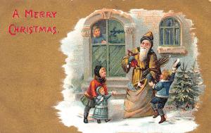 Brown Suited Santa Claus Christmas Children Blue Jacket Boy Embossed Postcard