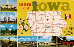 Greetings from Iowa IA Large Letter Map Yellow Unused Postcard G58