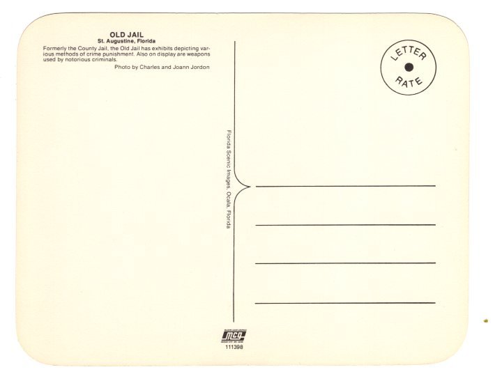 Large 5 X 7 inch, Old Jail, St Augustine, Florida, Prison Humour,