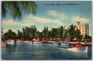 Vtg Fort Lauderdale Florida FL New River Boats 1940s View Linen Old Postcard