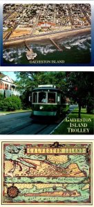 3~4X6 Postcards Galveston Island, TX Texas  AERIAL VIEW & TROLLEY & MAP CARD