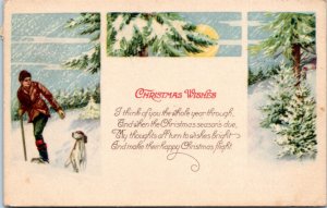 Postcard Christmas Wishes - Boy with dog in snow