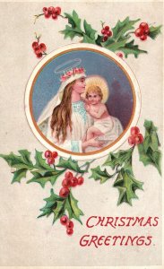Vintage Postcard 1909 Christmas Mother and Child Holly Garlands D??cor Greetings