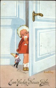 New Year Boy w/ Jester Doll Drinking Champagne Asta Printer Postcard