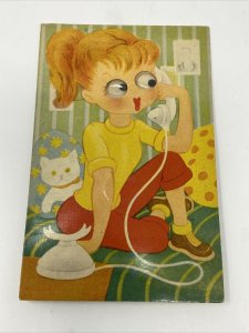 Vintage Squeaker Postcard Girl on Phone Googly Eyes Kitten Cat Made in Japan