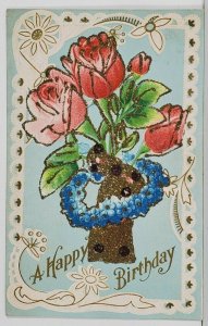 Birthday Greetings Pretty Embossed Flower Basket Glitter Decor Postcard Q10