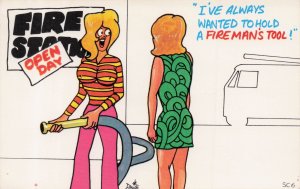 Fire Station Fireman Tool Hose Sexy Hippy Ladies Comic Postcard