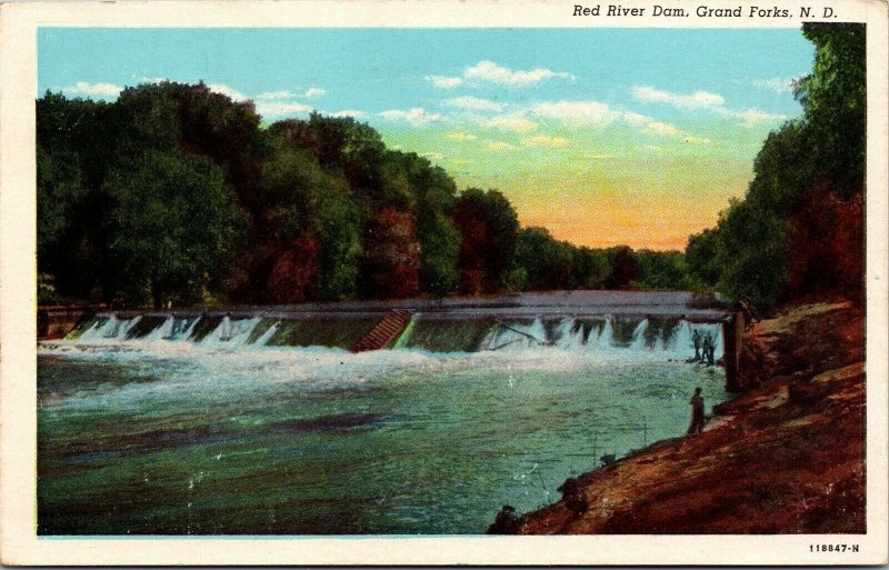 Vtg Grand Forks North Dakota ND Red River Dam 1940s Linen Postcard