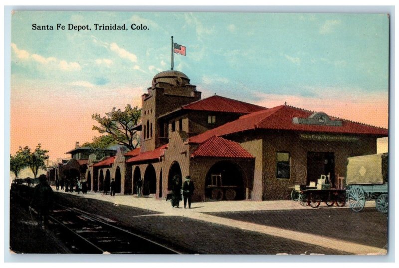 c1950's Santa Fe Depot Train Station Track Wagon Trinidad Colorado CO Postcard