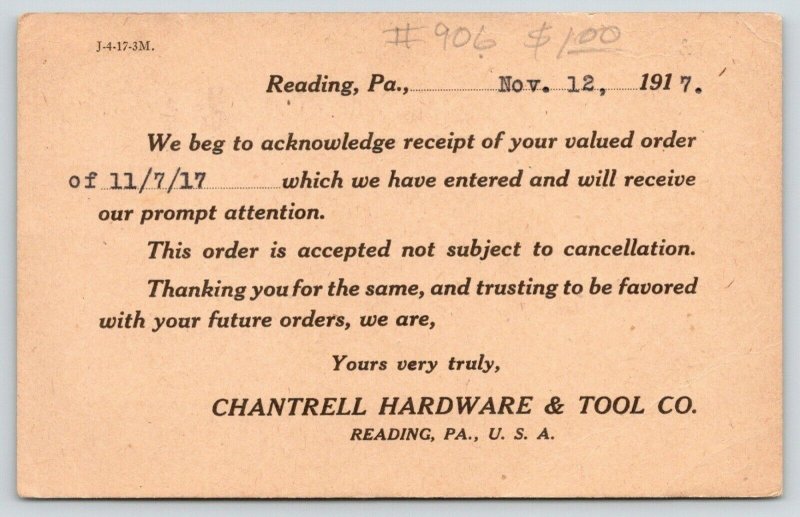 Reading Pennsylvania~Chantrell Hardware & Tool Co~Order Receipt~1917 