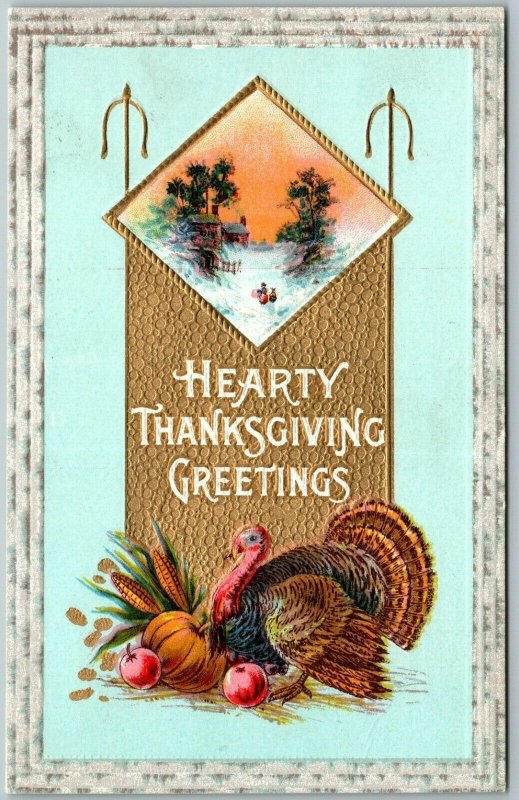 Hearty Thanksgiving Greetings Turkey Pumpkin Corn Original Vintage Postcard