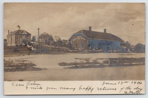 South Paris ME Folk Stand on Trax w/Push car~Railroad Depot~Courthouse RPPC 1906