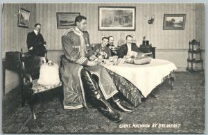 RUSSIAN GIANT MACHNOW AT BREAKFAST ANTIQUE POSTCARD