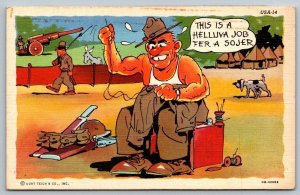 Vintage Saucy Cartoon Humor Postcard - US Army - Soldier Sewing