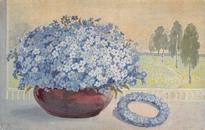 Forget-me-not Flowers in Pot and Crown Art vintage postcard