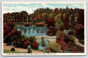 Peoria Illinois~Lake & Bridge To Rose Island @ Glen Oak Park~PM 1922 Postcard
